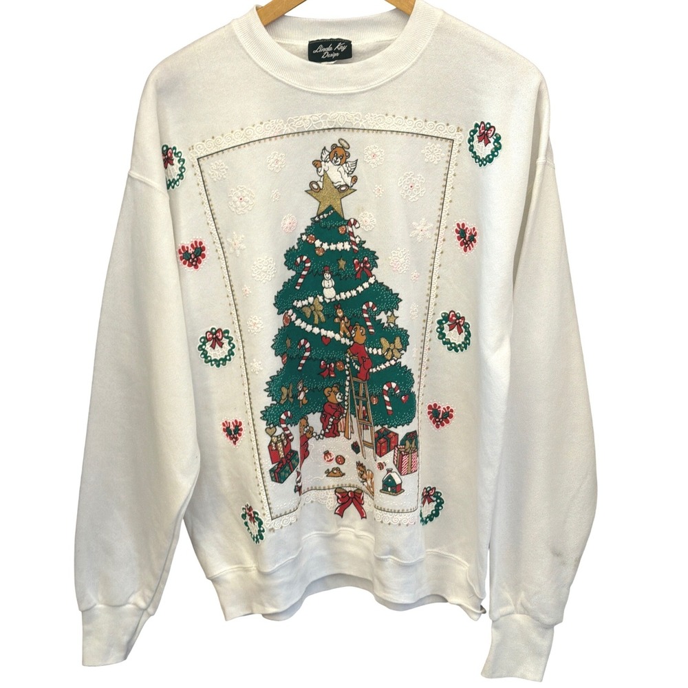 Vintage Linda Kay Design Sweatshirt Christmas Tree Teddy Bear Grandmacore Kitsch